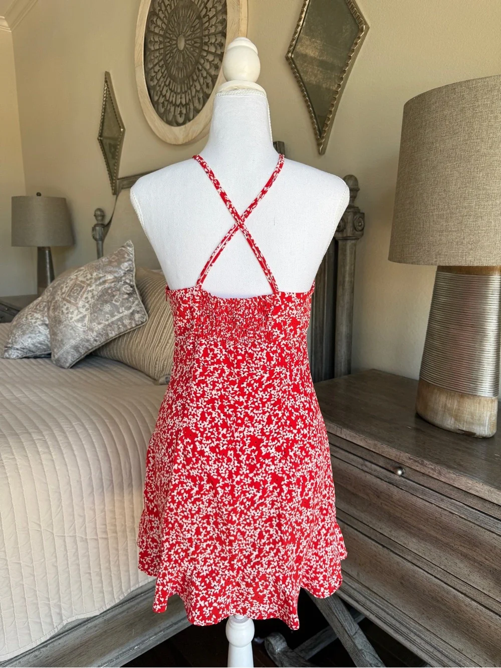 Zara Red and White Floral Halter Mini Dress